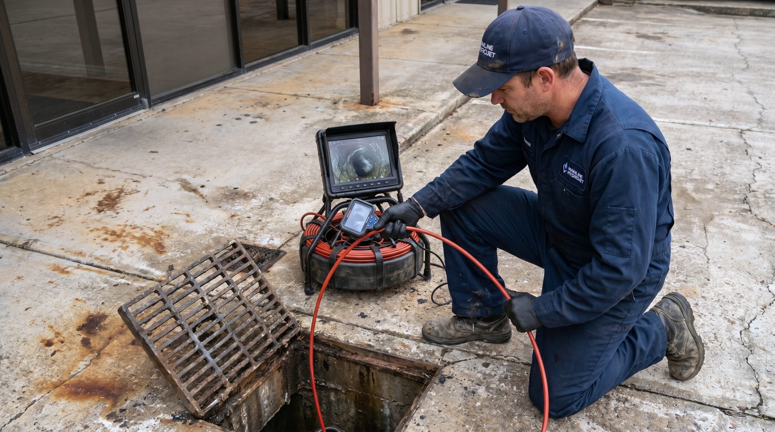 Technician reviewing a live sewer camera inspection on a monitor