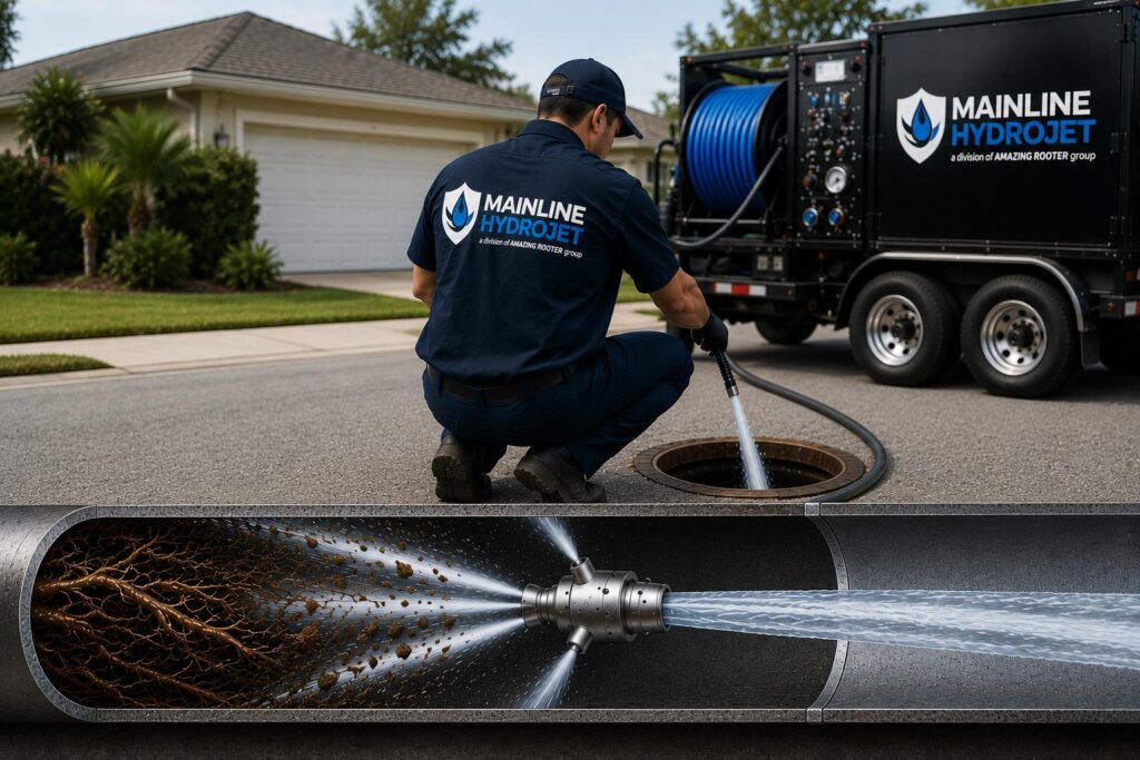 High-pressure hydro jetting cleaning the inside of a sewer line