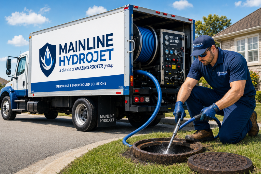 Mainline Hydrojet service truck and technician on a job site