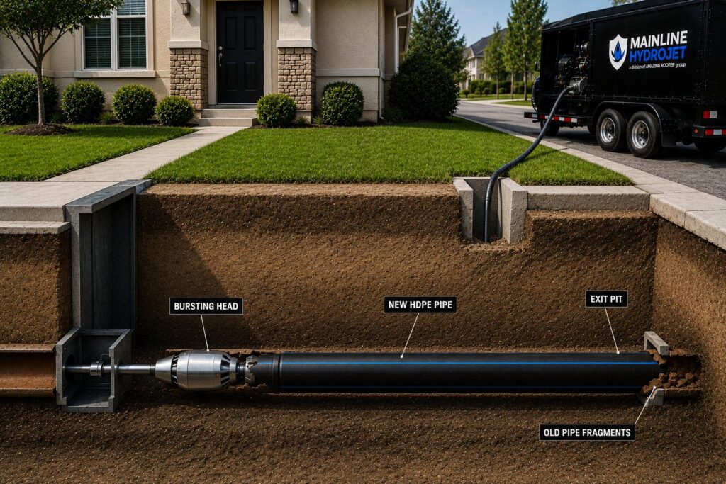 Trenchless pipe bursting pulling new HDPE pipe through an old line
