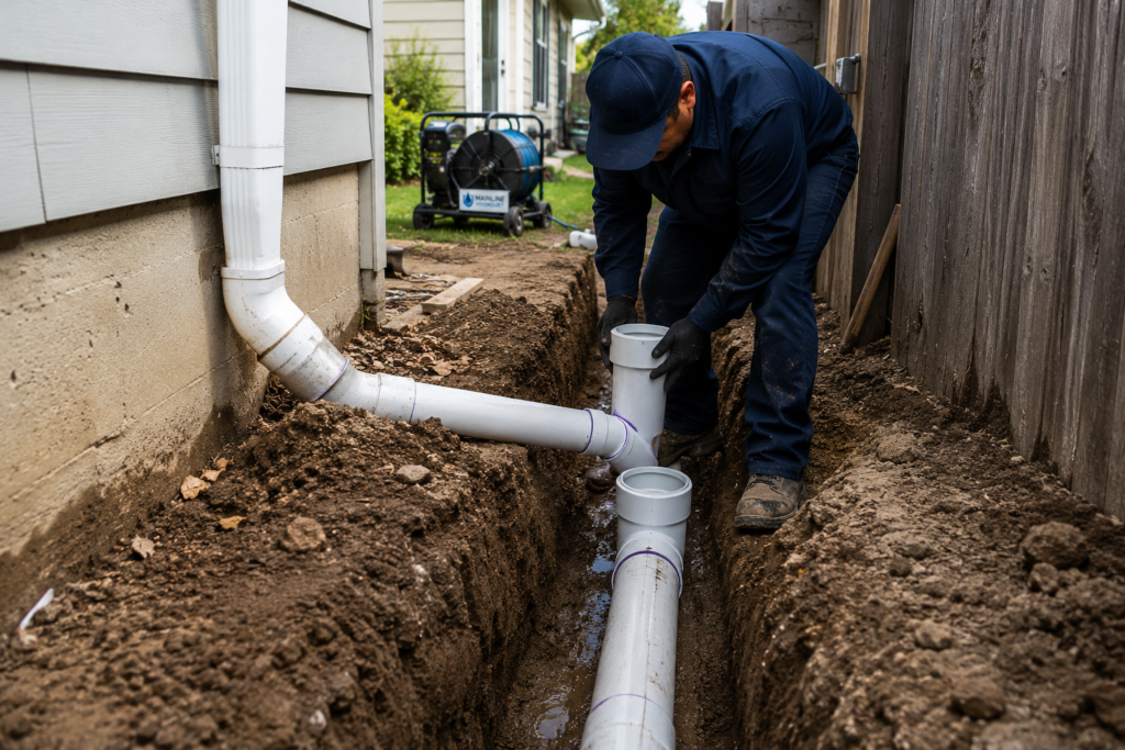 Crew performing a full sewer line replacement